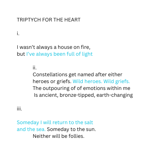 TRIPTYCH FOR THE HEART 1 I wasn not always a house on fire but I have always been full of light 2 Constellations get named after either heroes or griefs Wild heroes Wild griefs The outpouring of emotions within me Is ancient bronze tipped earth changing 3 Someday I will return to the salt and the sea Someday to the sun Neither will be follies.